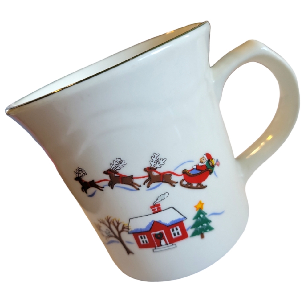 Pfaltzgraff Snow Village Christmas Coffee Mug Cup Santa Claus Sled Reindeer T21